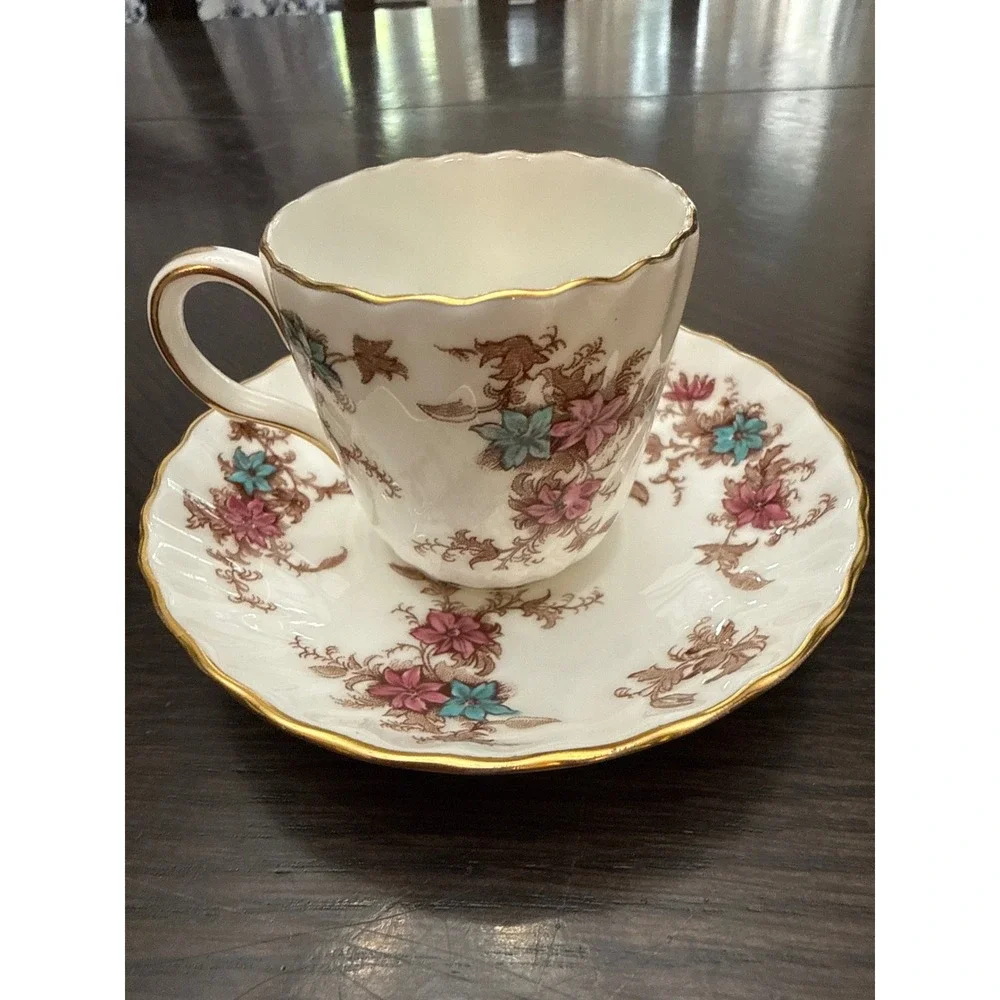 Minton Ancestral S-376 Bone China Teacup‎ and Saucer Set Gold Trim Made England
